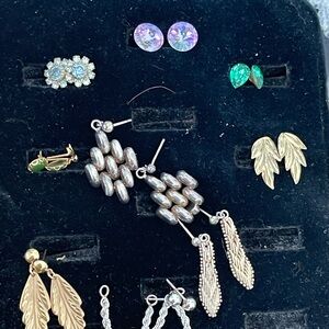 9 pairs of stud earrings. Crystals, leaves. Silver ton and Gold Tone Earrings